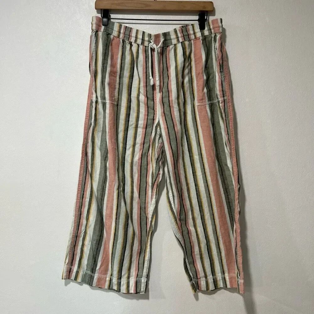 Beach Lunch Lounge Womens Pants Size L Stripe Linen Crop Wide Leg
